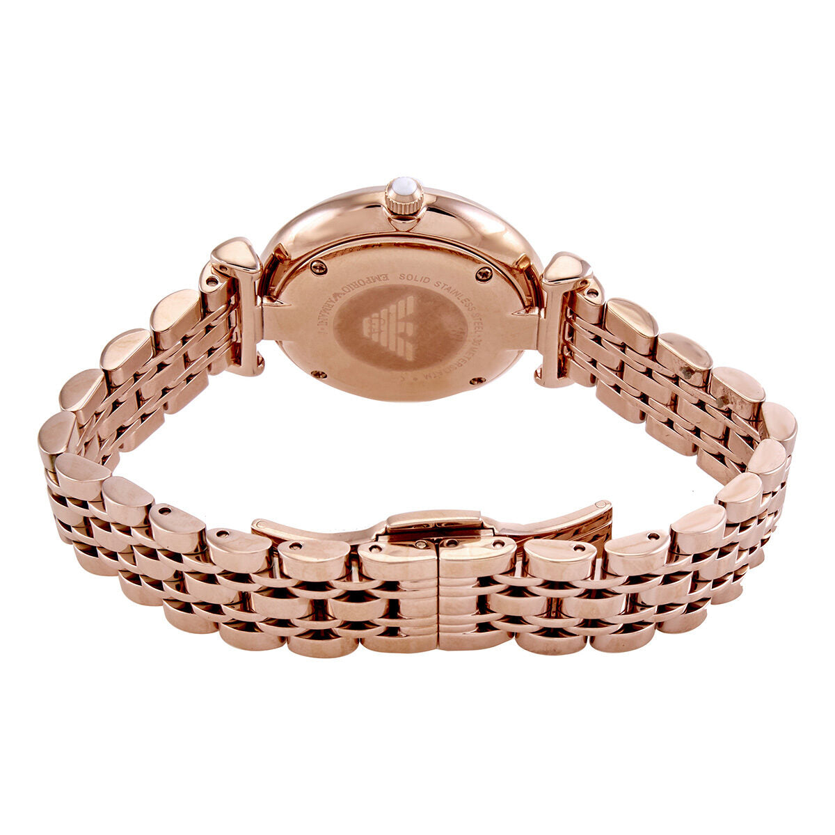 Caseback view of Emporio Armani Glitz watch showing rose gold case with eagle logo
