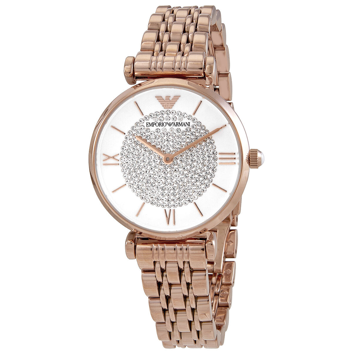 Emporio Armani Glitz women's watch with rose gold case, crystal pave dial, and bracelet strap