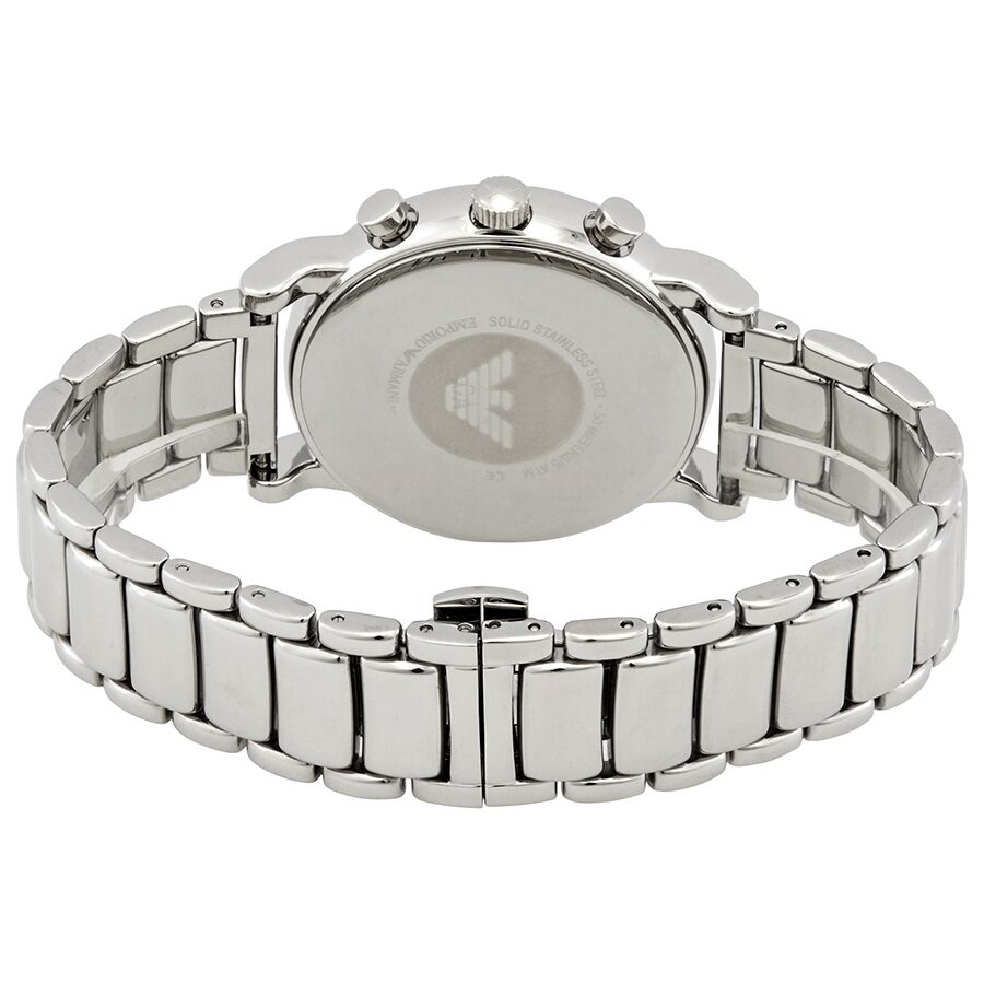 Caseback view of Emporio Armani Luigi watch showing stainless steel bracelet and case back
