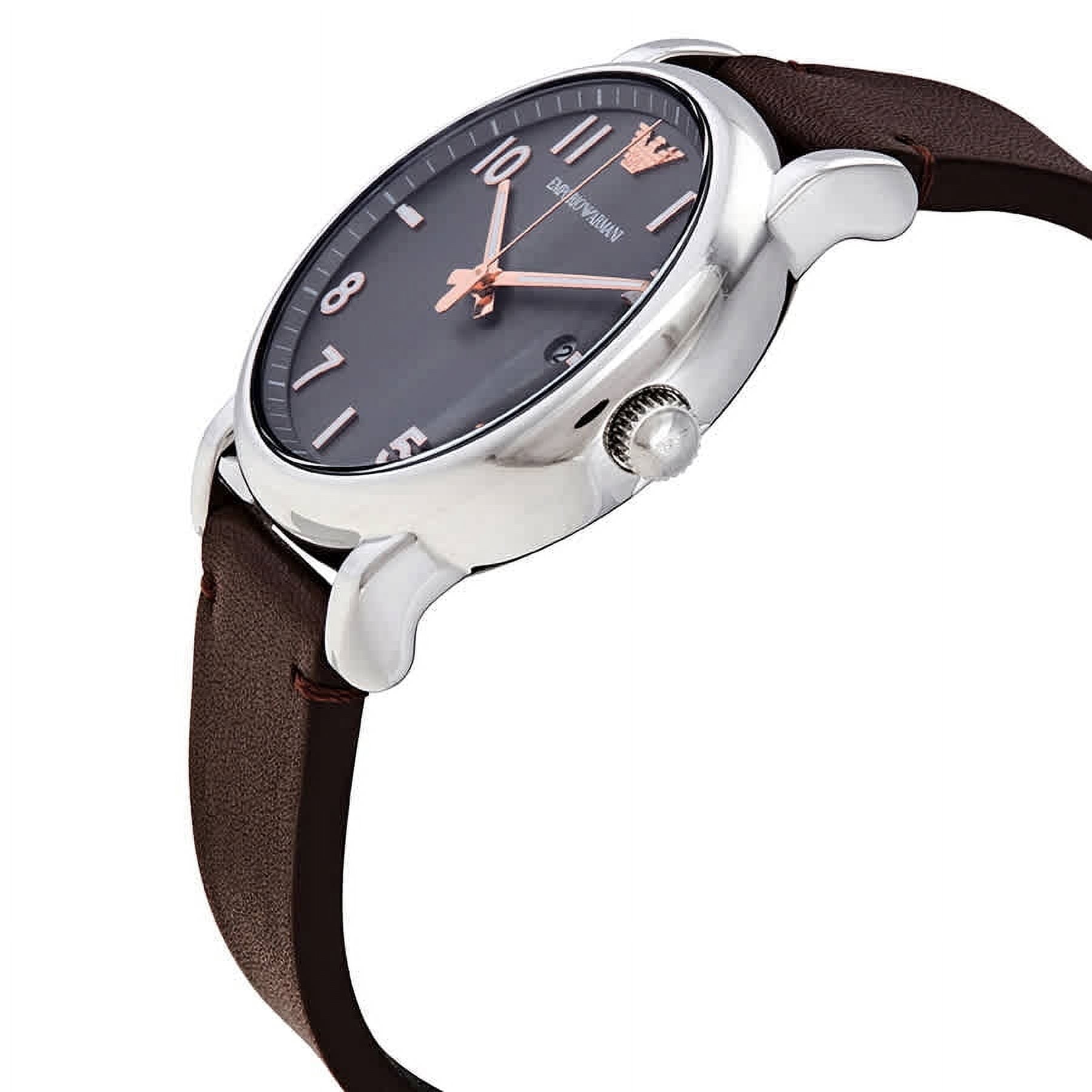 Side angle view of Emporio Armani Luigi watch with stainless steel case and brown strap