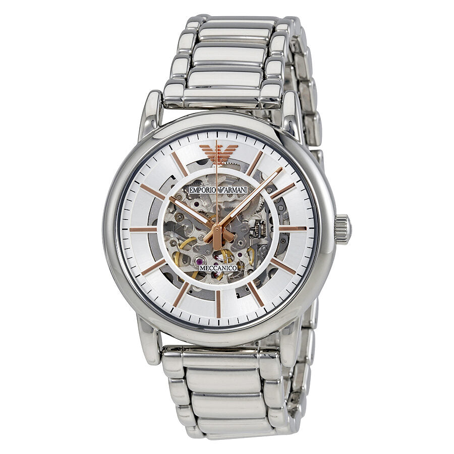 Emporio Armani Luigi silver automatic watch with skeleton dial and bracelet strap