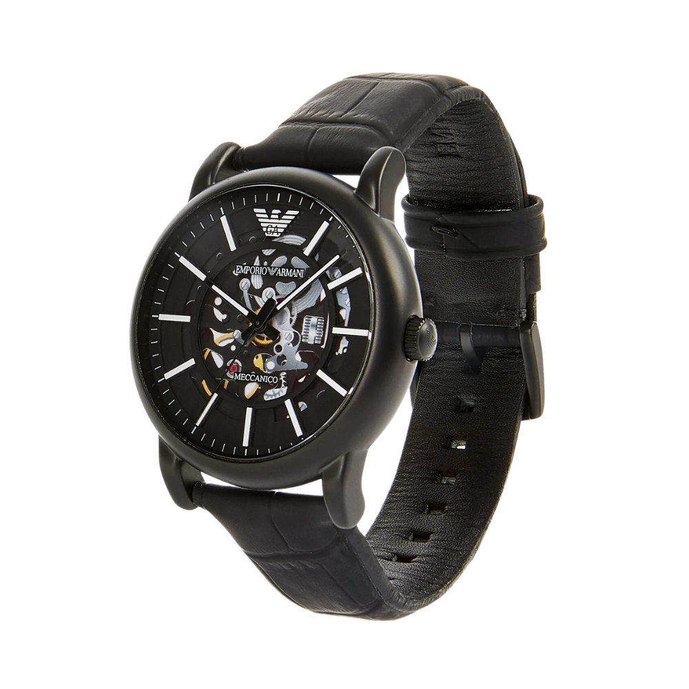 Emporio Armani Luigi AR60008 watch at angle showing black case with skeletal dial and black leather strap