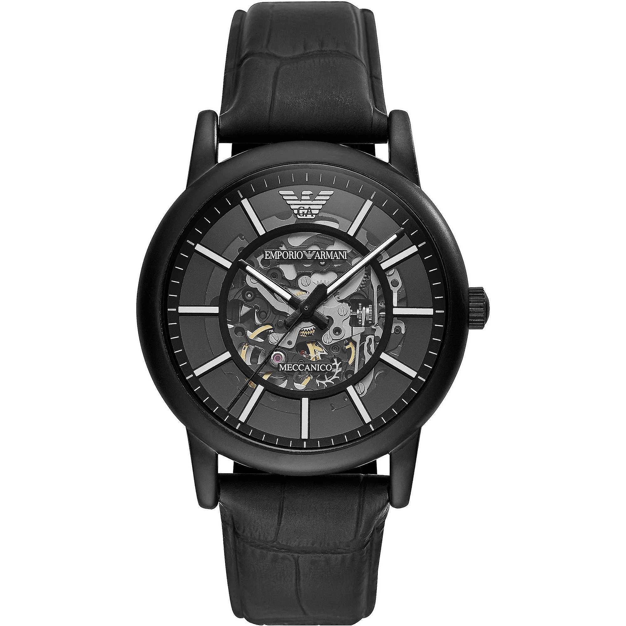 Emporio Armani Luigi AR60008 automatic men's watch with black case and black leather strap, front view