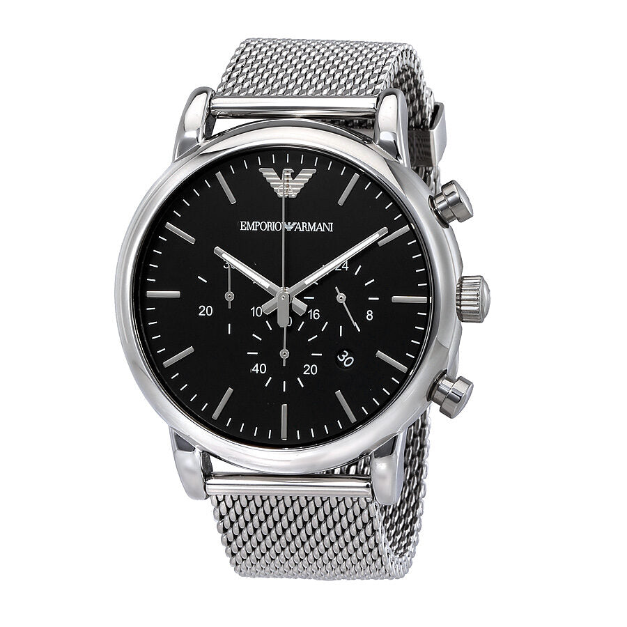 Emporio Armani Luigi chronograph men's watch with black dial and silver mesh band