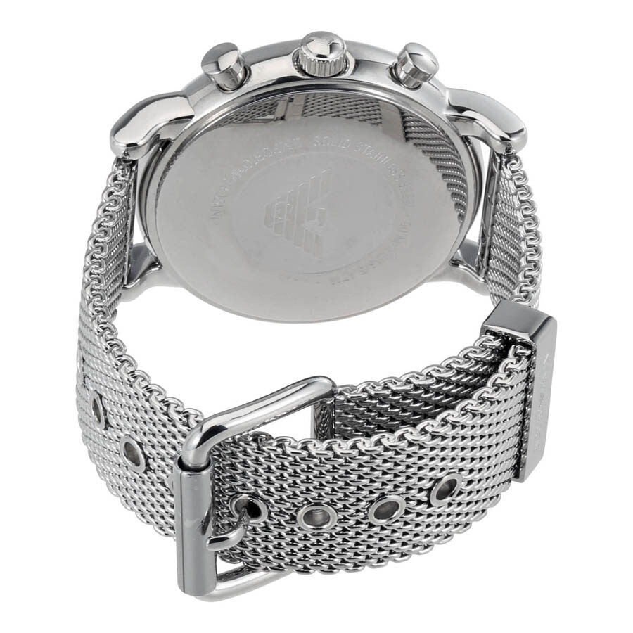Emporio Armani Luigi chronograph watch caseback with stainless steel and mesh band