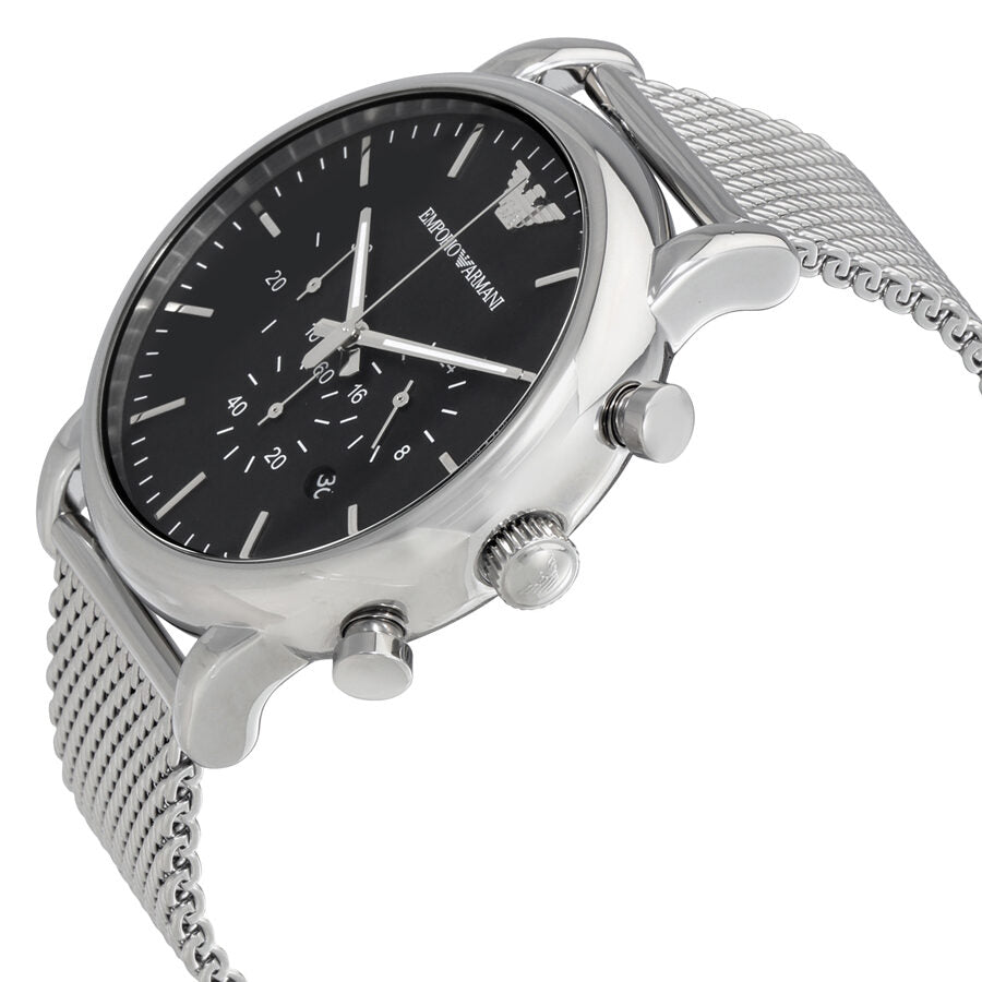 Emporio Armani Luigi chronograph watch side view showing case, bezel, and mesh strap