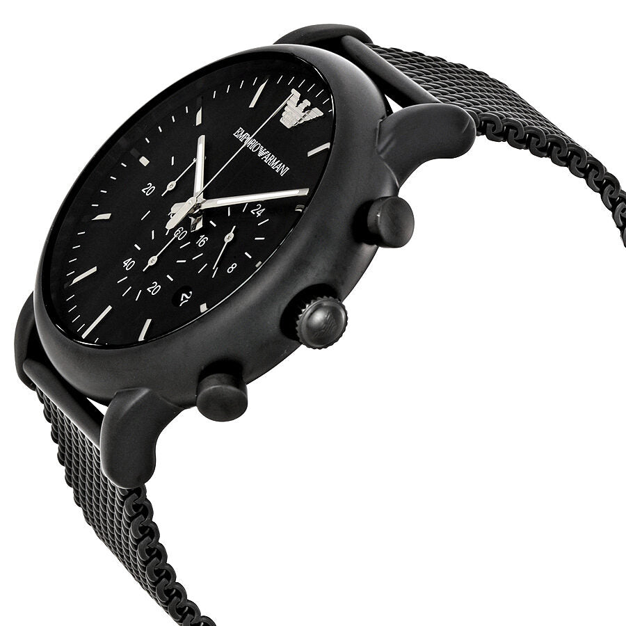 Side angle view of Emporio Armani chronograph watch showing black case and mesh band