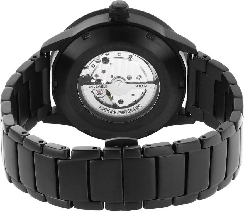 Caseback view of Emporio Armani Mario automatic watch displaying internal movement mechanism