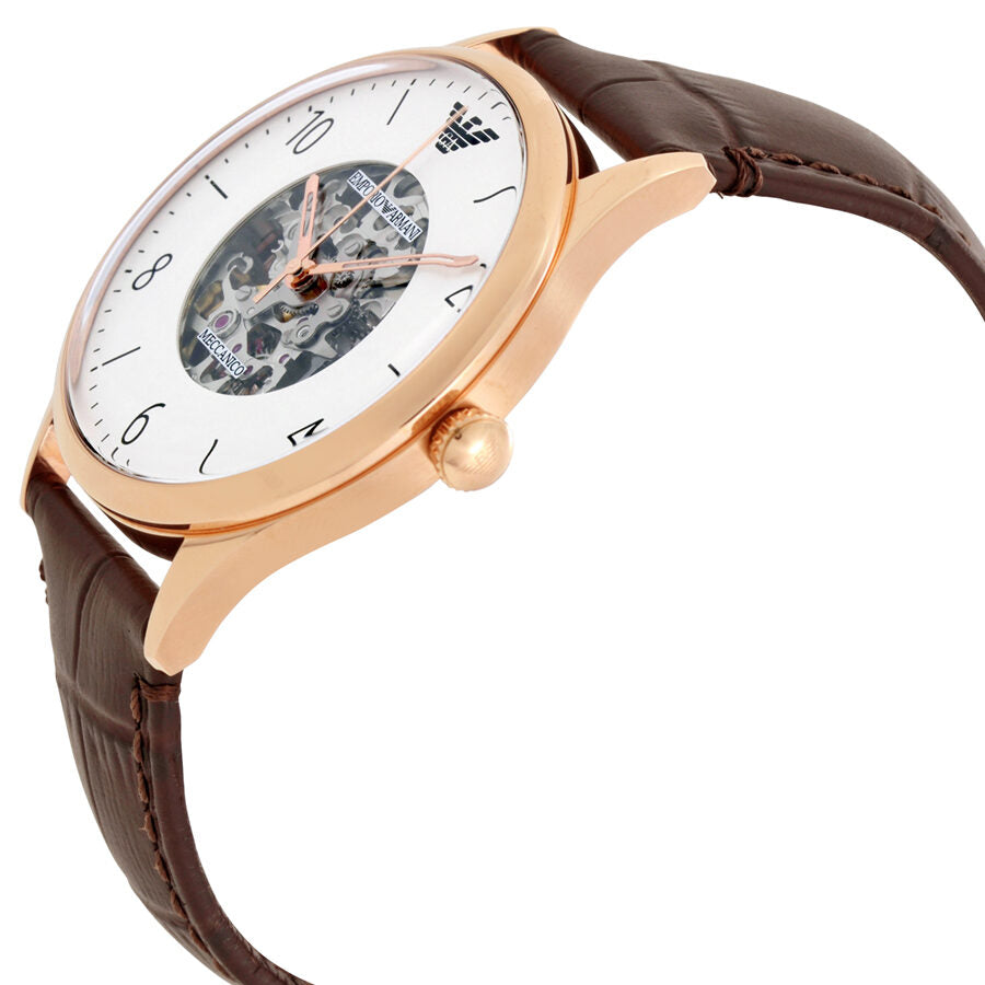 Side angle view of Emporio Armani AR1920 showing rose gold case profile and dark brown crocodile-embossed leather strap