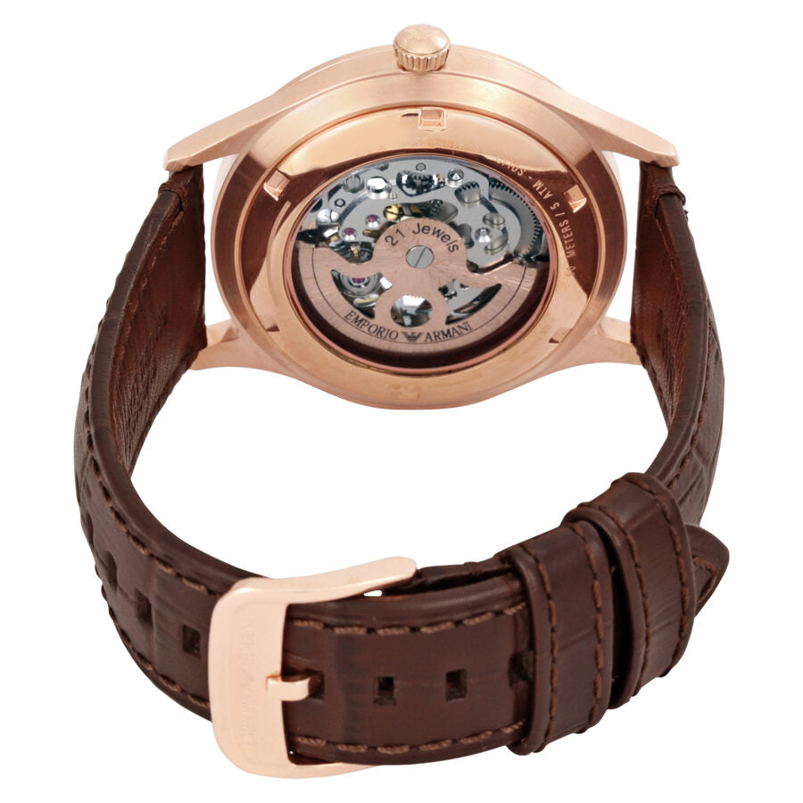 Caseback of Emporio Armani Meccanico AR1920 revealing automatic movement with visible rotor