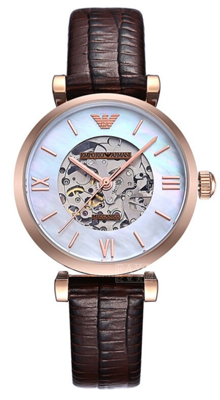 Emporio Armani Meccanico Skeleton Mother of Pearl Dial Brown Leather Strap Women's  Watch - AR1993
