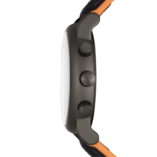 Side profile of Emporio Armani AR11174 watch showing case thickness and strap construction