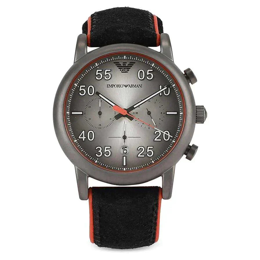 Emporio Armani AR11174 chronograph watch with gray dial, gunmetal case, and black leather strap with orange trim