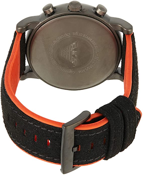 Caseback view of Emporio Armani AR11174 showing gunmetal case and black leather strap with orange detail