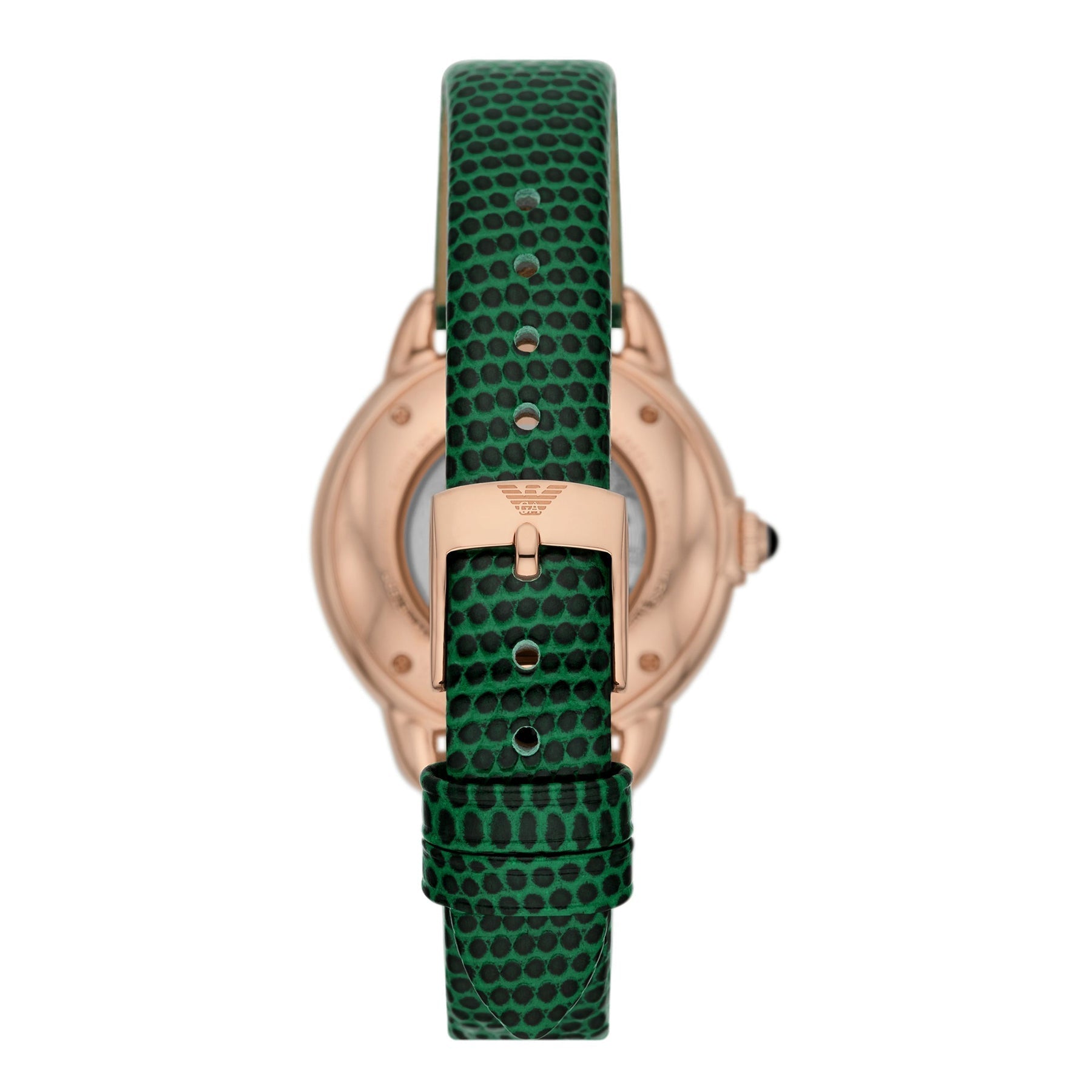 Emporio Armani Mia watch caseback showing rose gold case and green leather strap