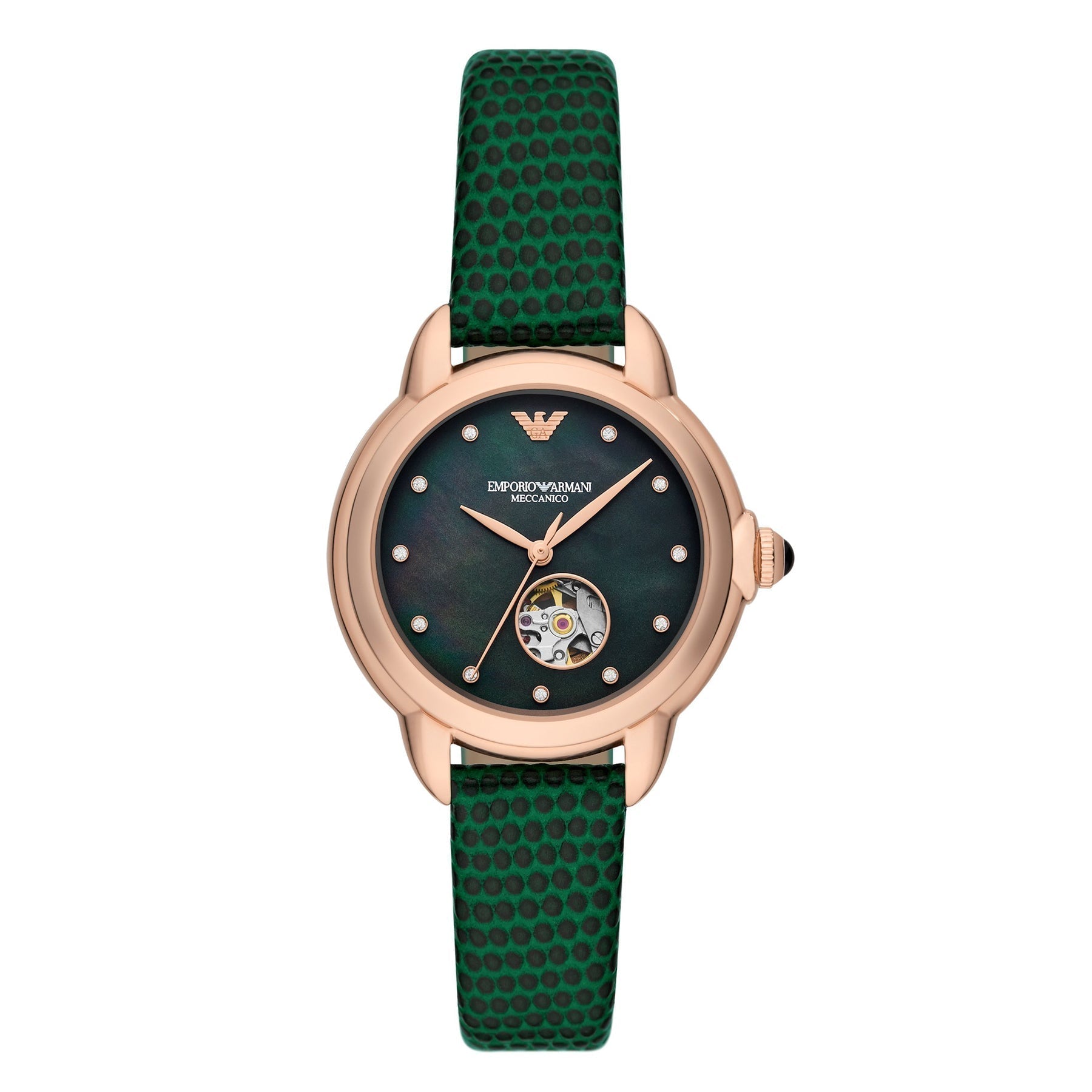 Emporio Armani Mia rose gold women's watch with black dial, open heart window, and green leather strap