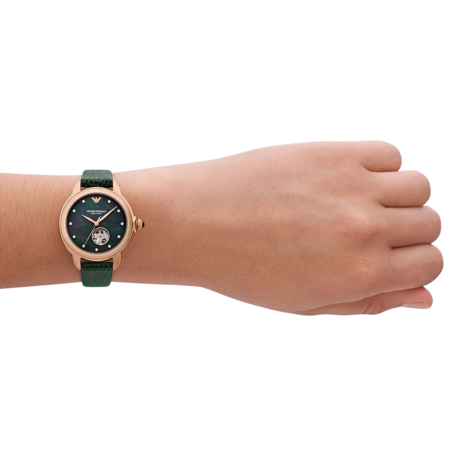 Emporio Armani Mia watch worn on wrist showing rose gold case and green leather strap