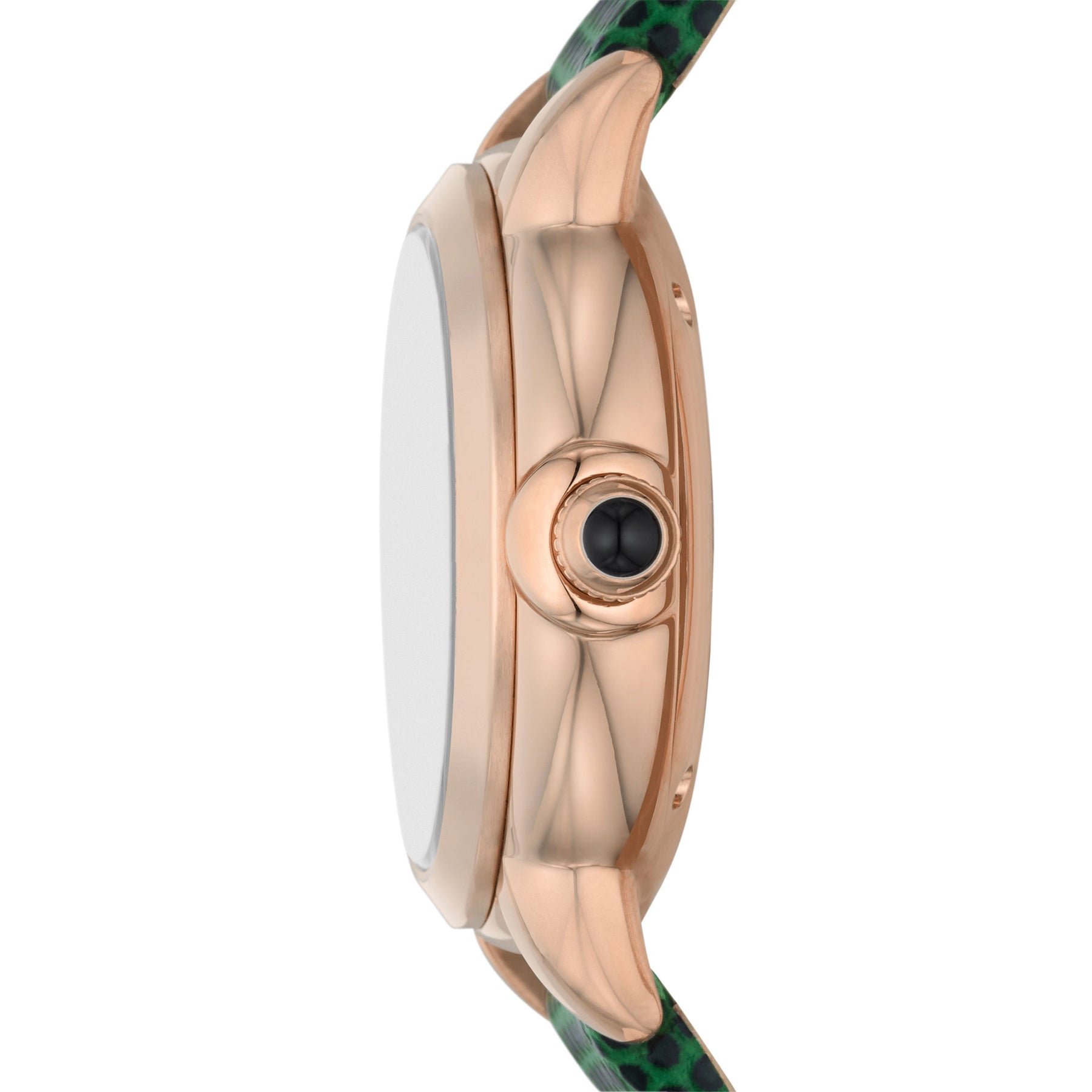 Side view of Emporio Armani Mia watch with rose gold case and open heart window detail