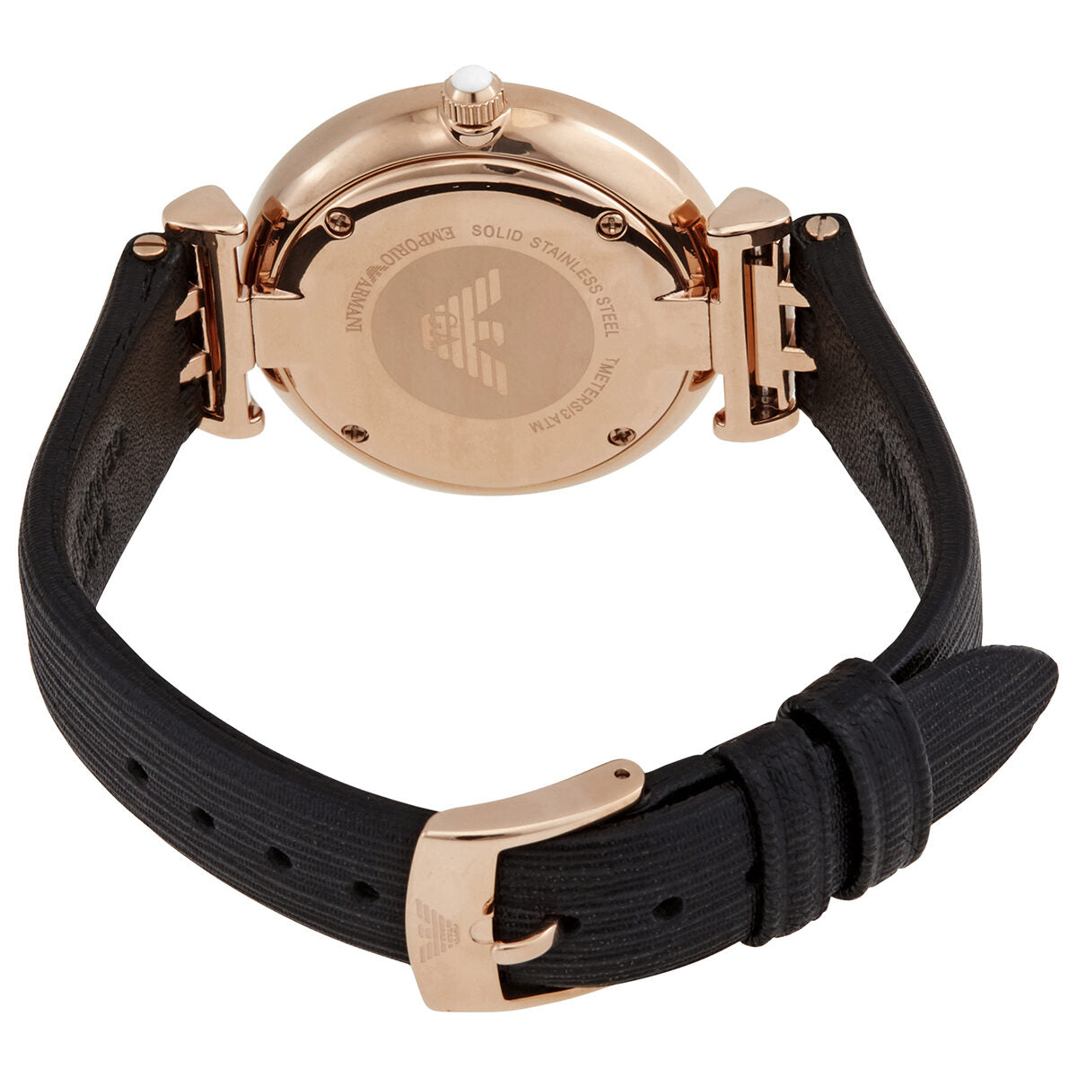 Caseback of Emporio Armani AR11295 with rose gold case and black leather strap