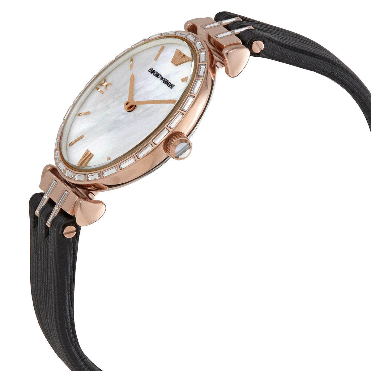 Side angle view of Emporio Armani AR11295 showing mother-of-pearl dial and rose gold bezel