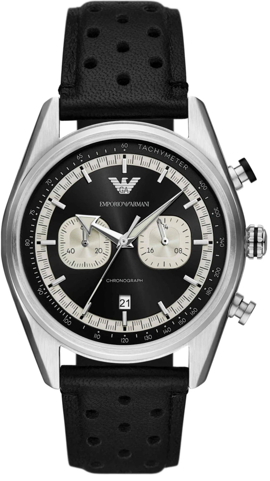 Emporio Armani Racer AR11635 chronograph watch with black dial and white subdials
