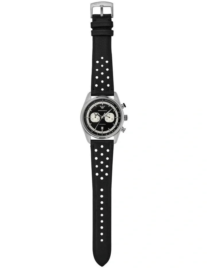 Emporio Armani Racer AR11635 full view with extended black perforated leather strap