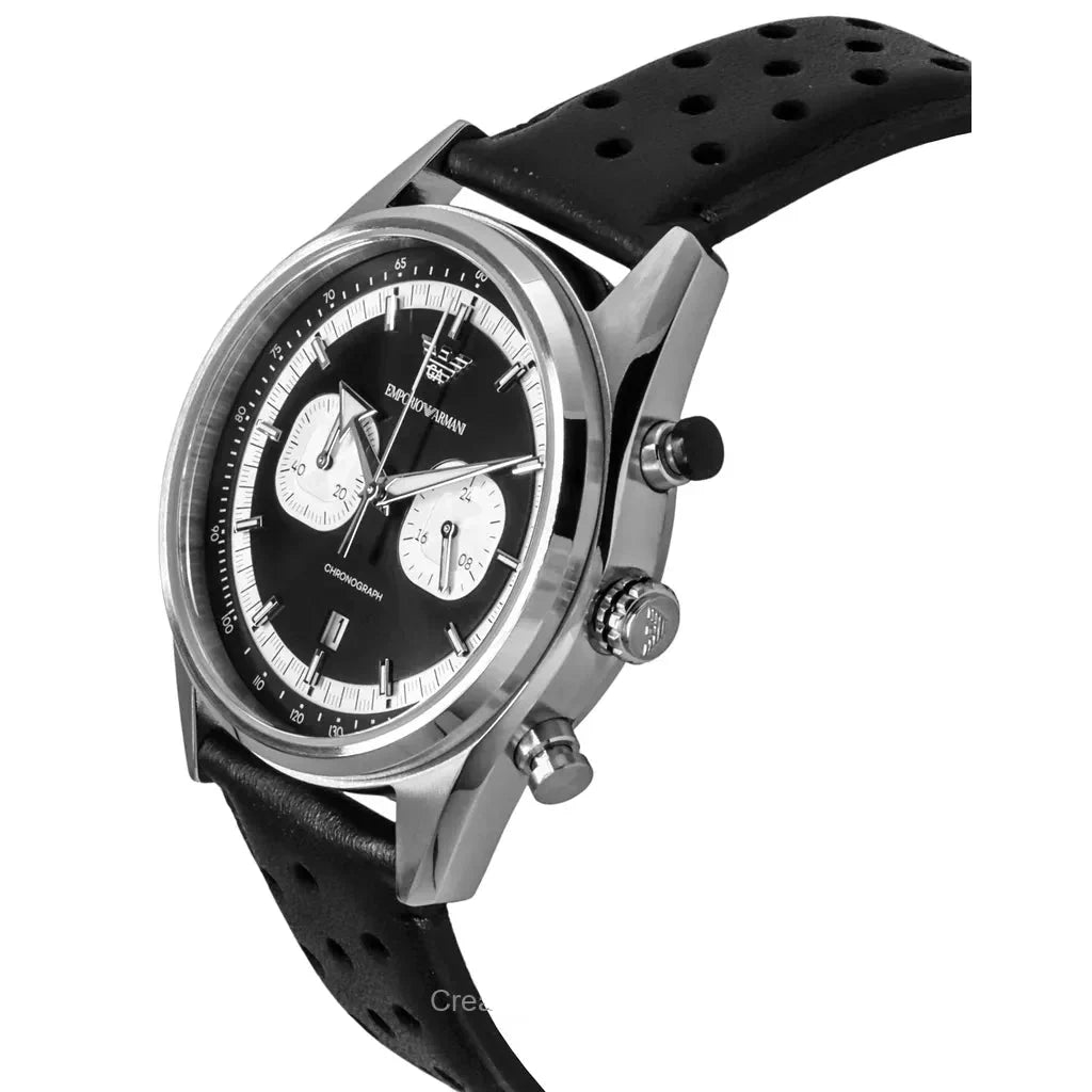 Emporio Armani Racer AR11635 chronograph watch on wrist with black leather band
