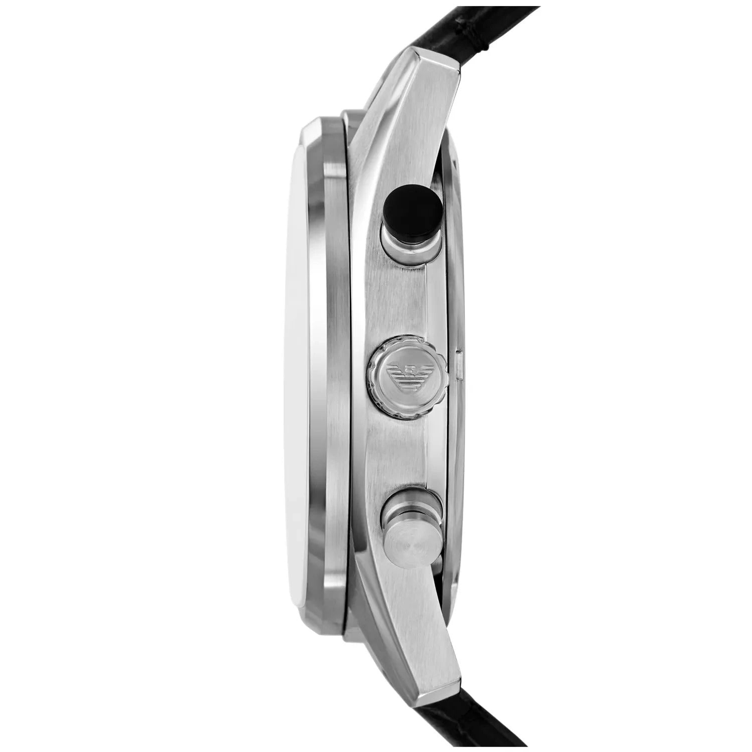Side profile of Emporio Armani Racer AR11635 showing case thickness and chronograph pushers