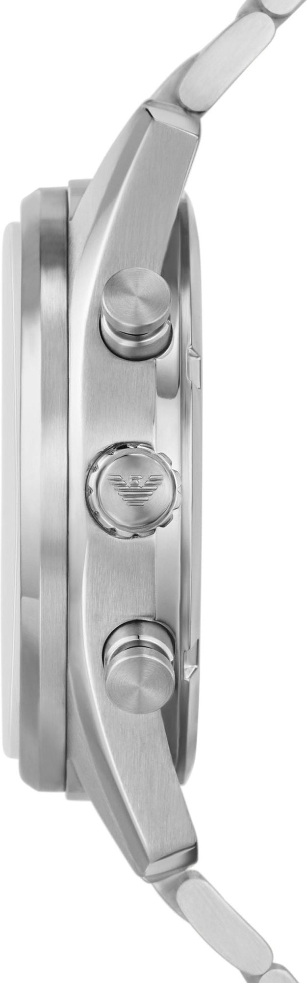 Side view of Emporio Armani Racer chronograph case with pushers and stainless steel bracelet