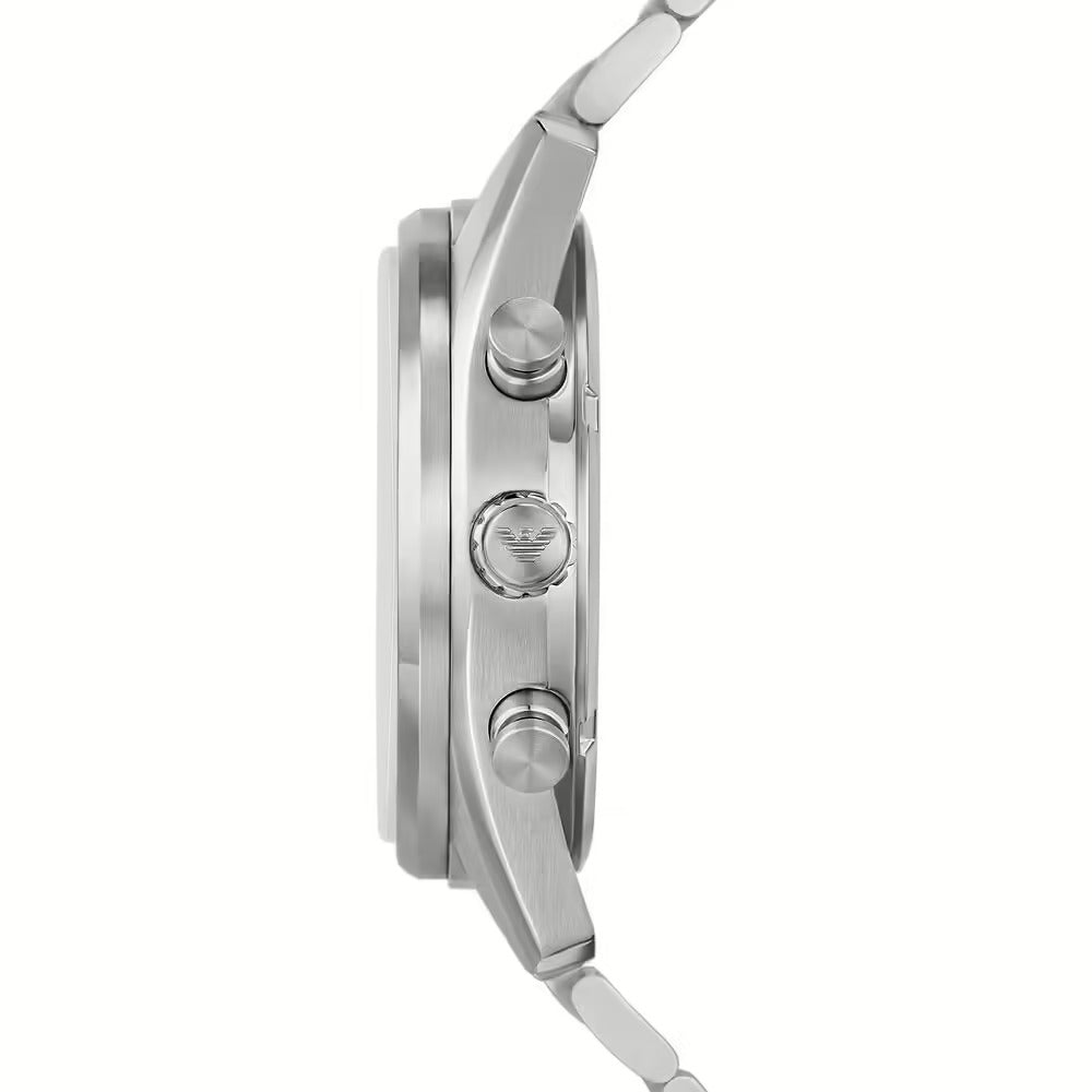Side profile of Emporio Armani Racer watch showing case depth and chronograph pushers