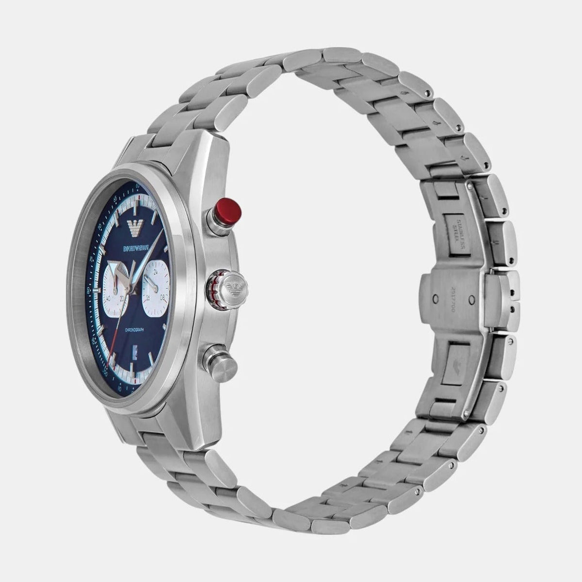 Emporio Armani Racer chronograph watch side view showing stainless steel bracelet and pushers