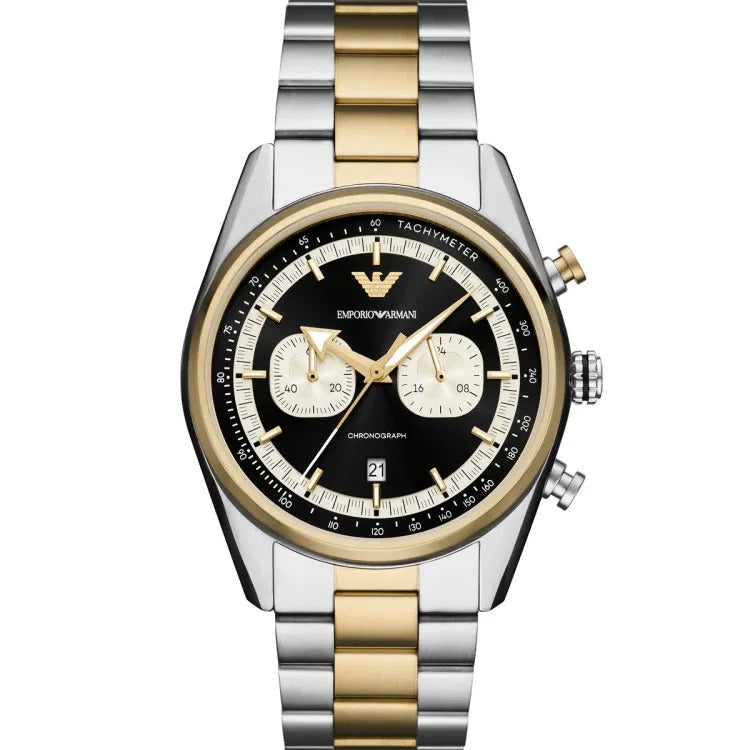 Emporio Armani Racer Chronograph Black Dial Two Tone Steel Strap Men Watch - AR11678