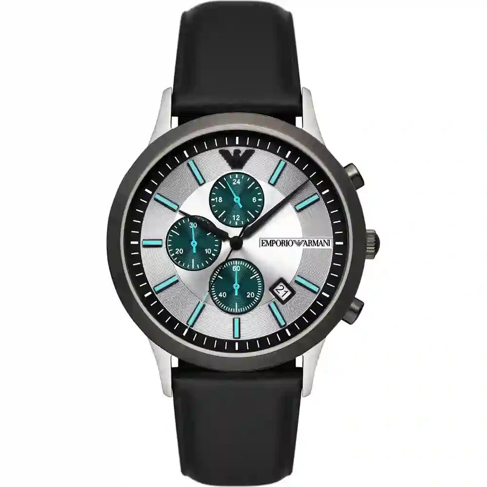 Emporio Armani Renato Chronograph watch with silver case, white dial, teal subdials, and black leather strap