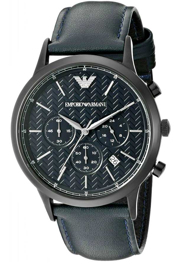 Emporio Armani Renato AR2481 three-quarter view showing blue chronograph dial and leather strap
