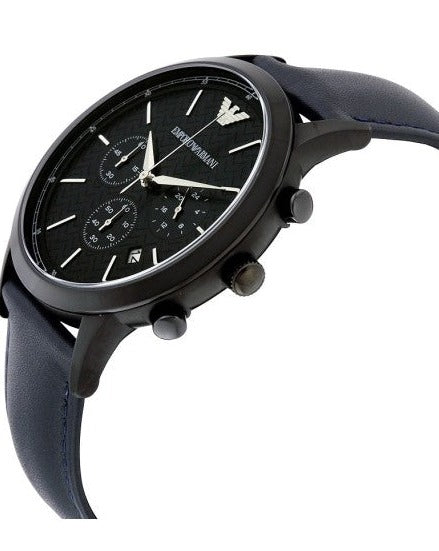 Side view of Emporio Armani Renato AR2481 chronograph watch with blue leather strap