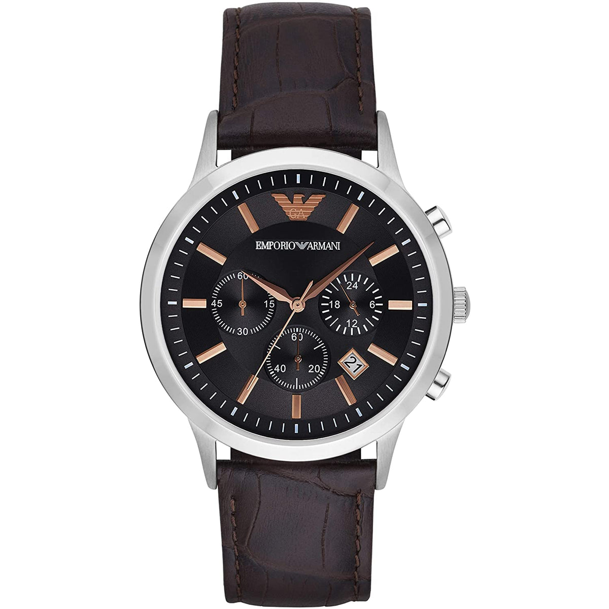 Emporio Armani Renato chronograph watch with grey dial, rose gold accents, and brown crocodile leather strap