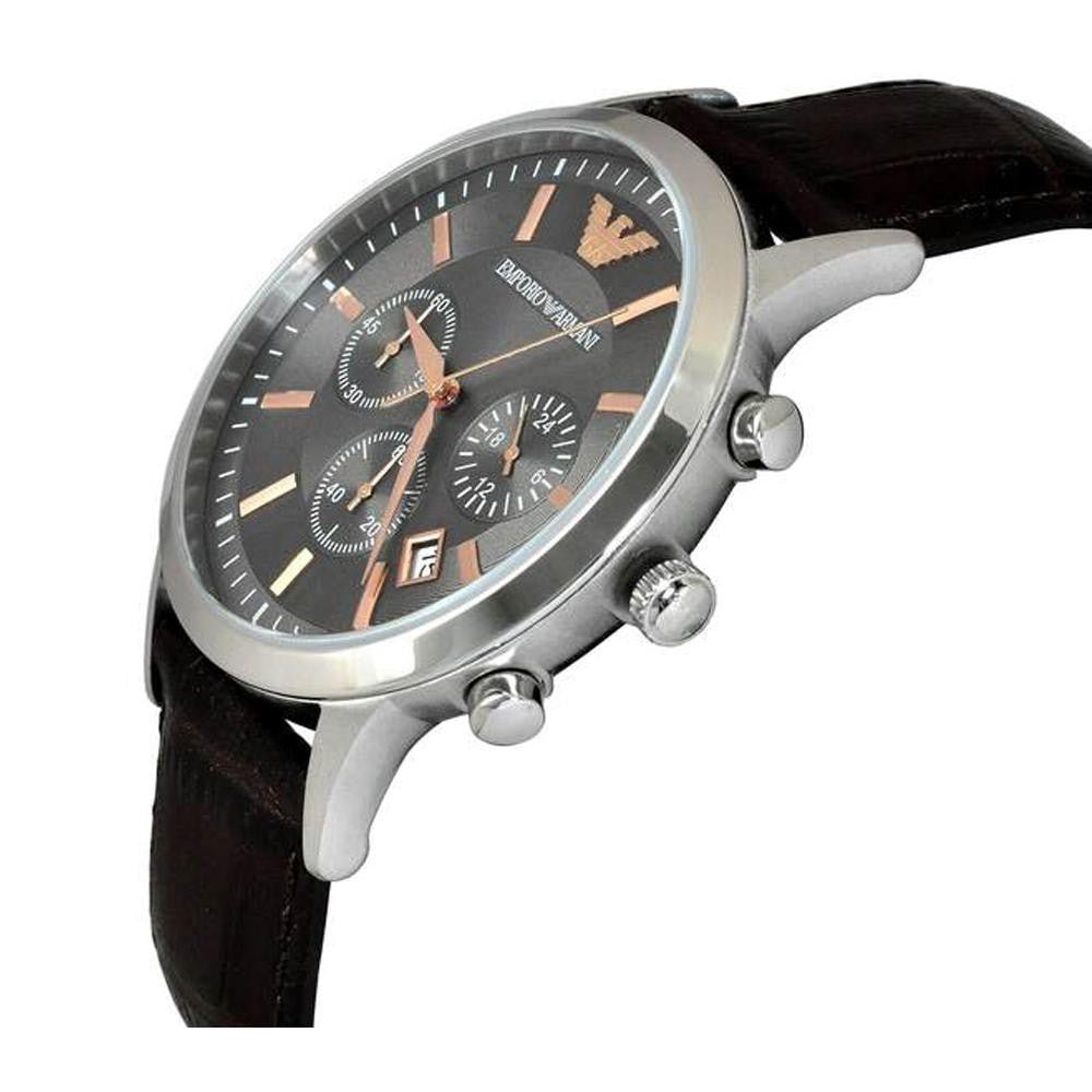 Side profile of Emporio Armani Renato chronograph watch on wrist with brown leather strap and pushers
