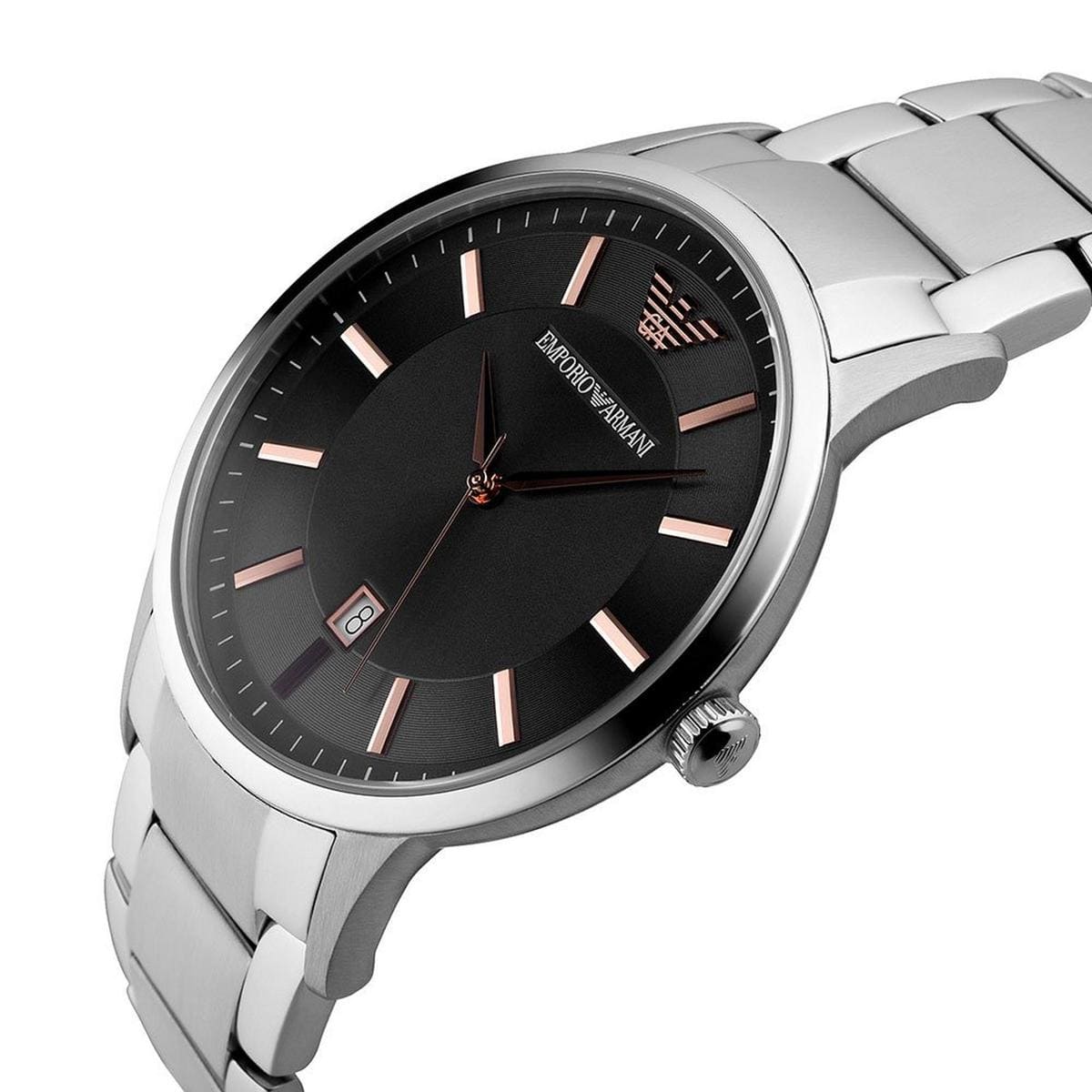 Emporio Armani Renato watch angled side view with stainless steel bracelet