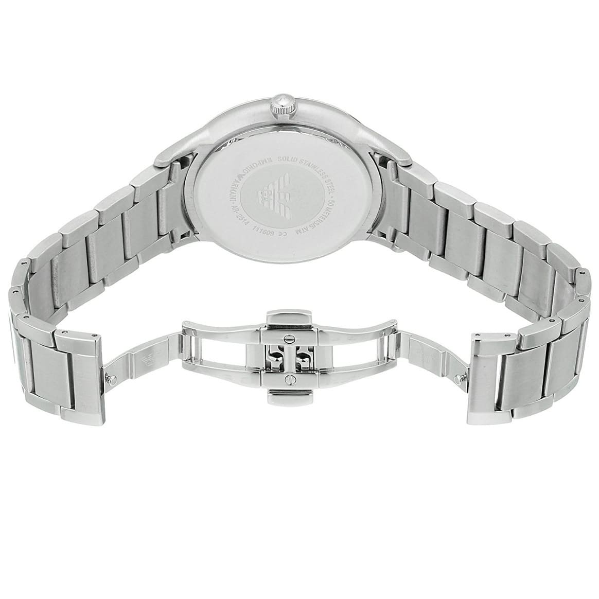 Emporio Armani Renato caseback view showing brushed steel with deployment clasp