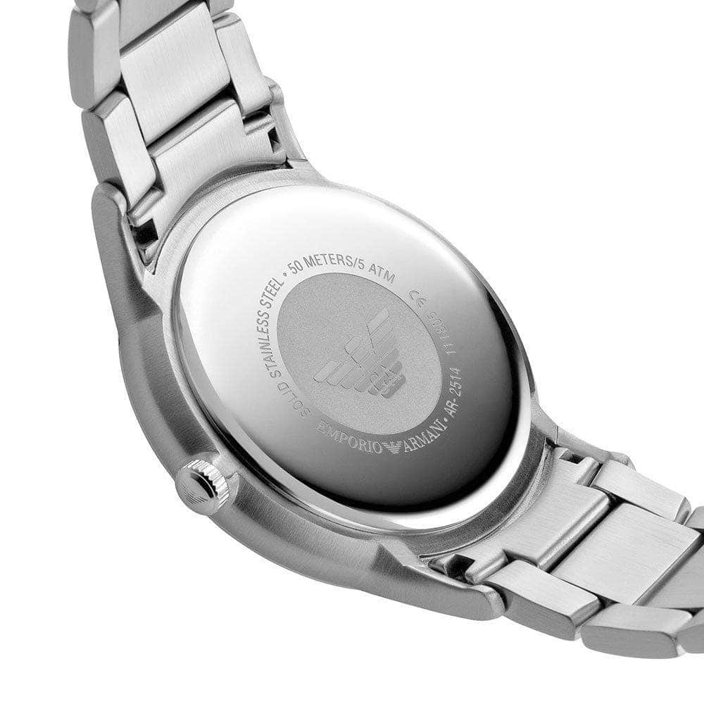 Emporio Armani Renato caseback detail with engraved eagle logo and specifications