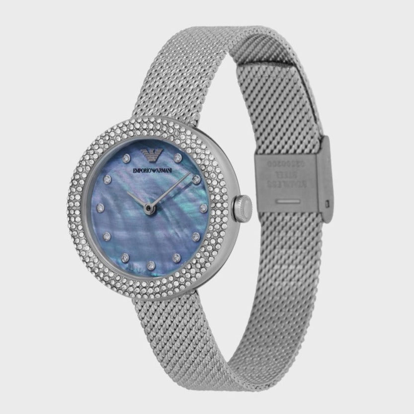 Emporio Armani Rosa Diamonds Mother of Pearl Blue Dial Silver Mesh Bracelet Women Watch  - AR11380