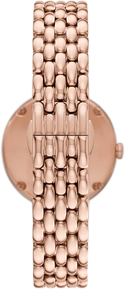 Caseback view of Emporio Armani Rosa rose gold watch with bracelet links