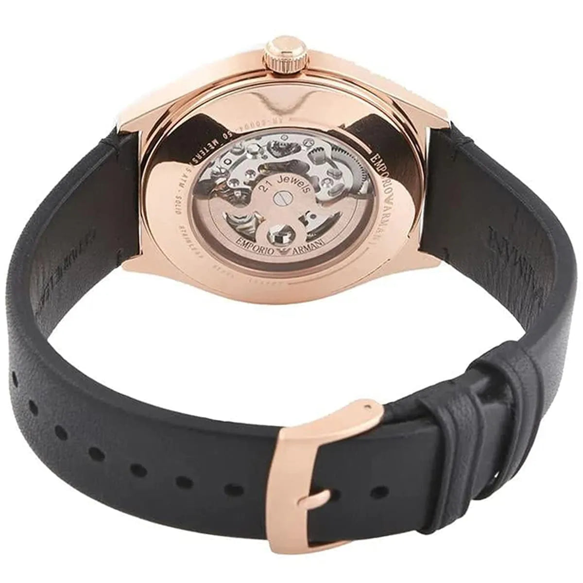 Emporio Armani AR60004 watch worn angle view showing rose gold case and black leather strap