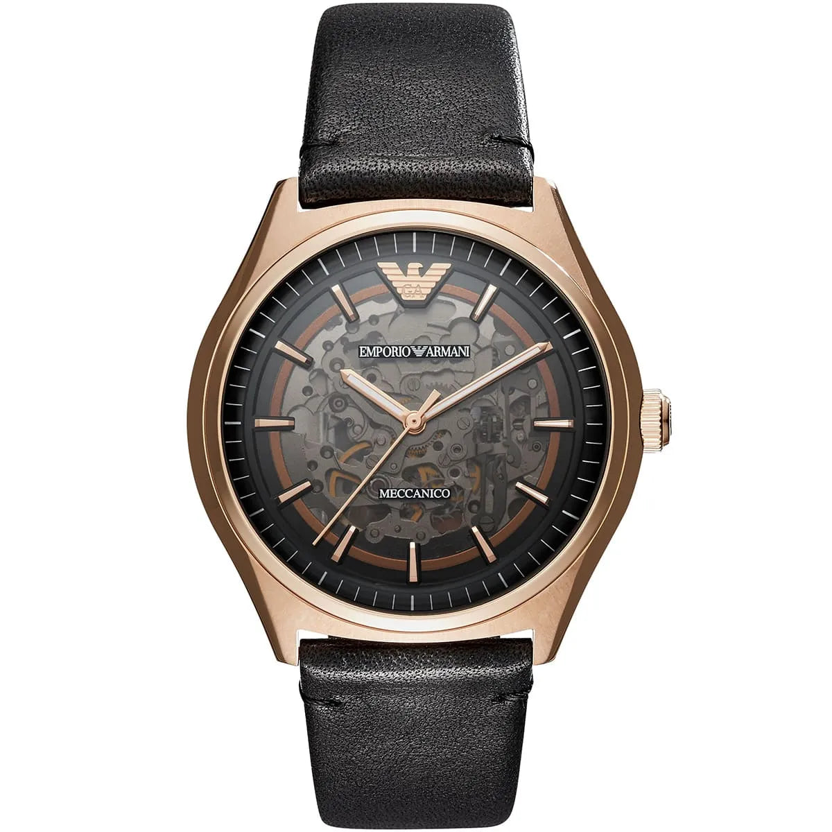 Rose gold Emporio Armani men's watch with black skeletonized dial and black leather strap