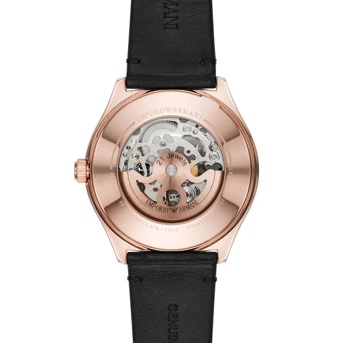 Rose gold caseback of Emporio Armani AR60004 displaying visible automatic movement