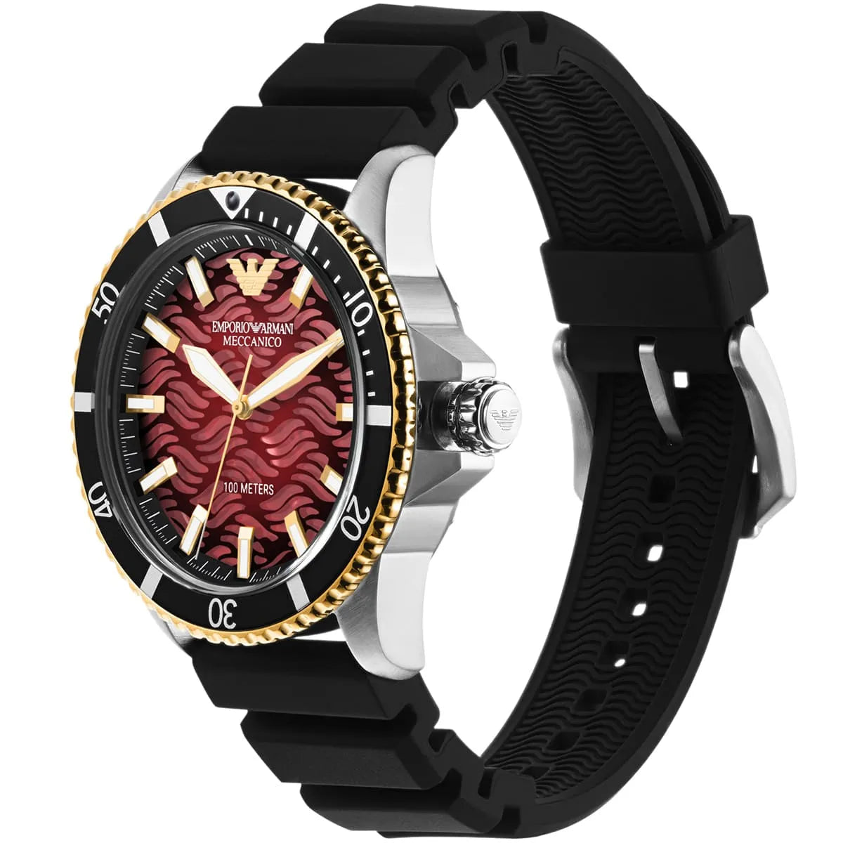 Side angle view of Sea Explorer with two-tone case, black silicon strap, and red dial
