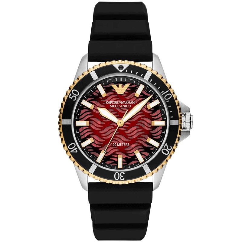 Emporio Armani Sea Explorer Meccanico automatic watch with red wave-pattern dial and black bezel