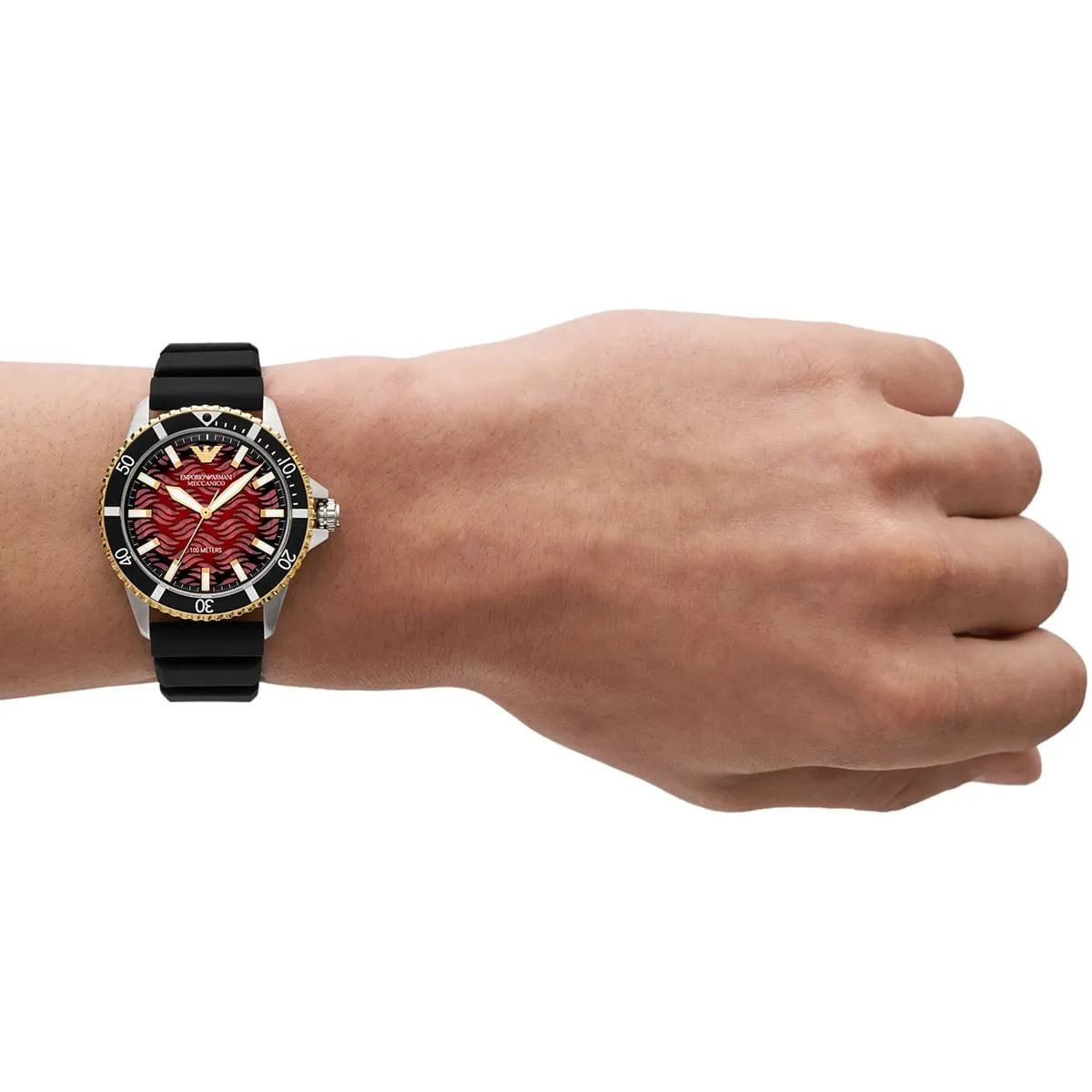 Sea Explorer Meccanico worn on wrist showing red dial and black strap fit