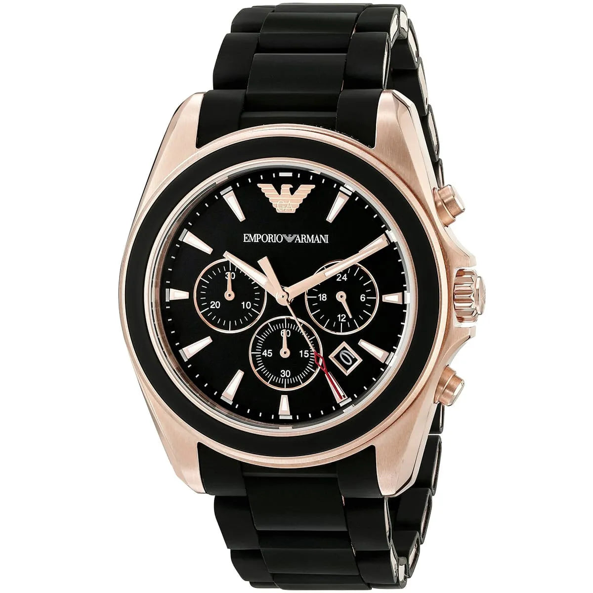 Emporio Armani Sigma AR6066 chronograph watch angled view showing rose gold case