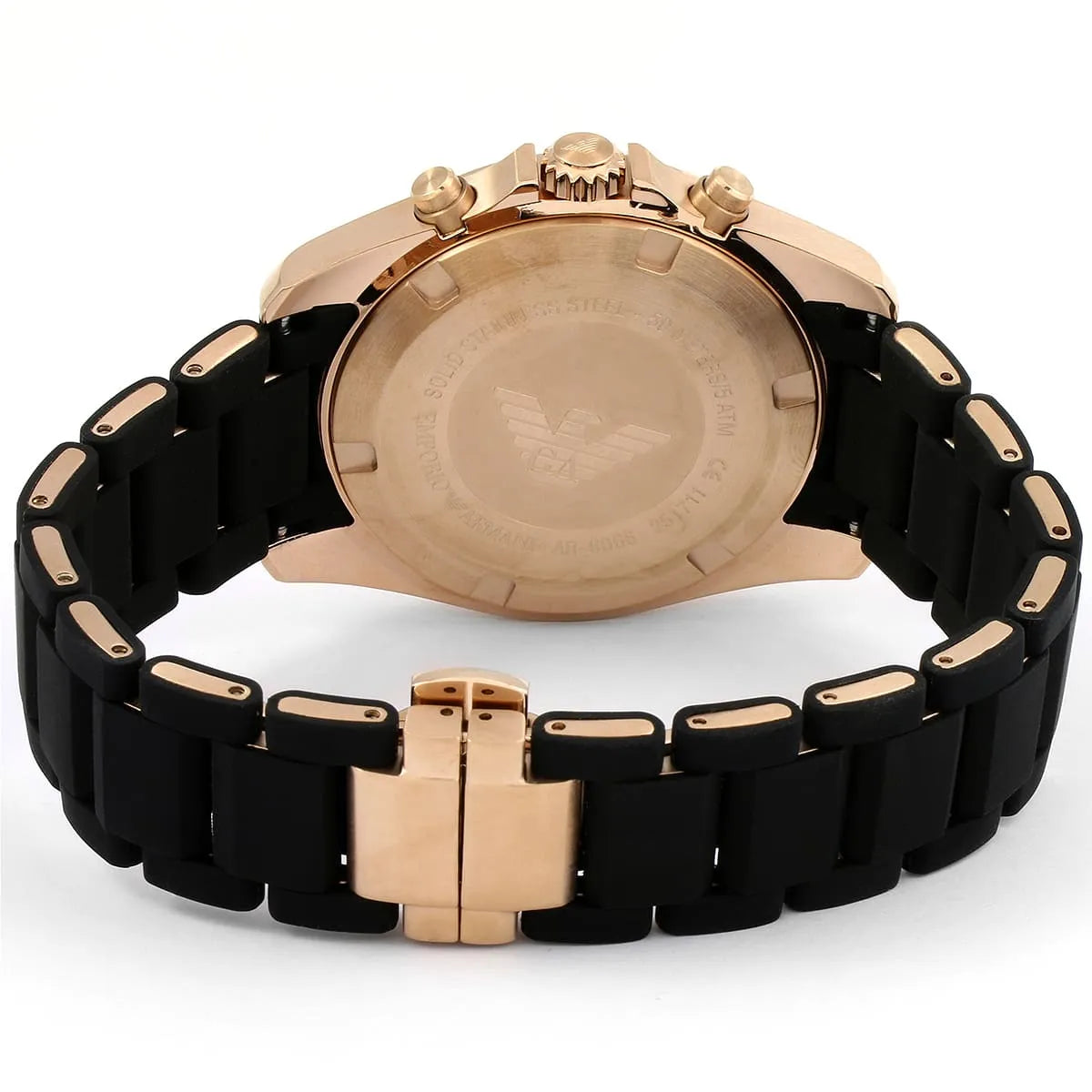 Emporio Armani Sigma AR6066 watch back view showing rose gold case back and clasp